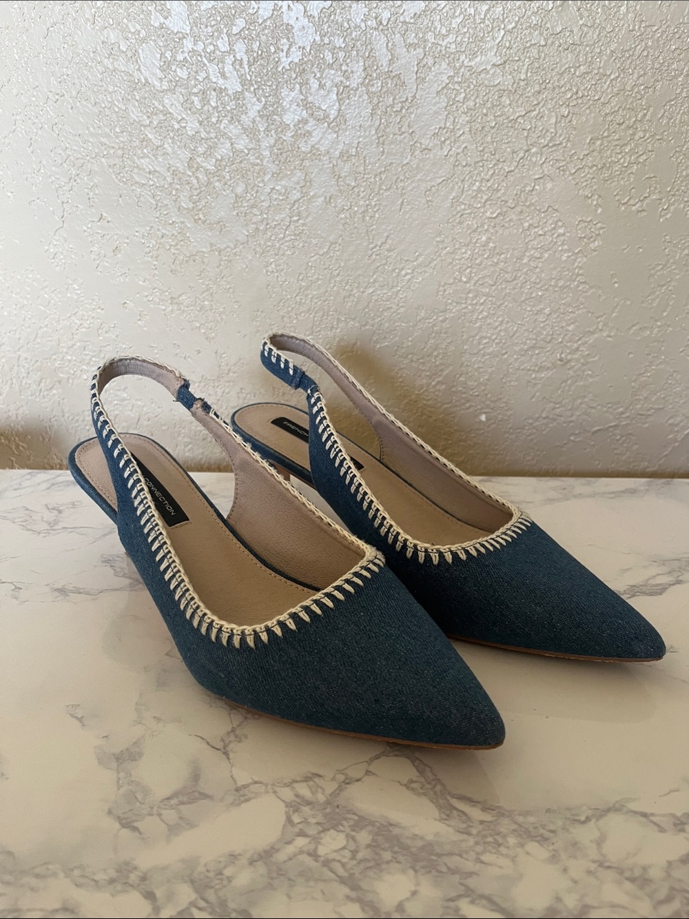 French Connection Denim Blue Pointed Slingback Flats with Cream Whipstitch